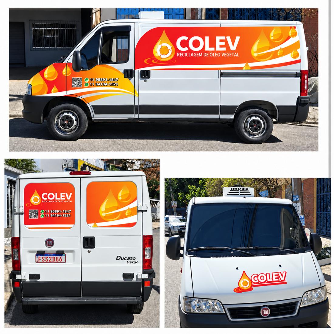 Van identificada com a marca COLEV, vista lateral, traseira e frontal